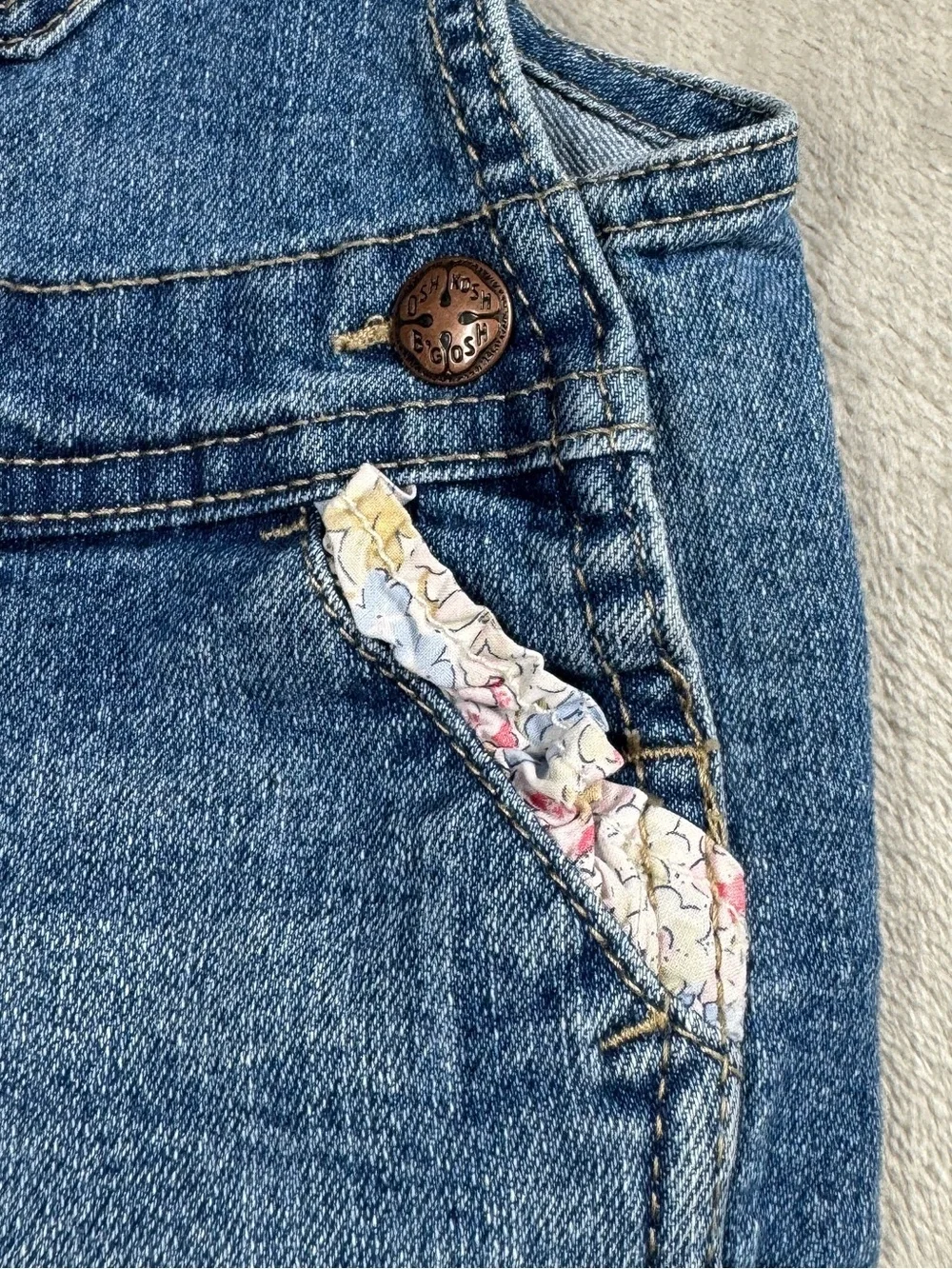 Oshkosh B’Gosh Baby Girl Denim Blue Jean Floral Trim Overalls Size 18 Months